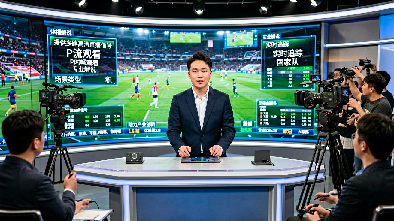 体育直播演播室，专业解说和实时数据呈现
