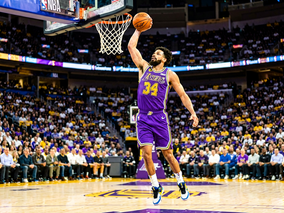 NBA常规赛湖人主场对阵勇士，詹姆斯突破上篮瞬间